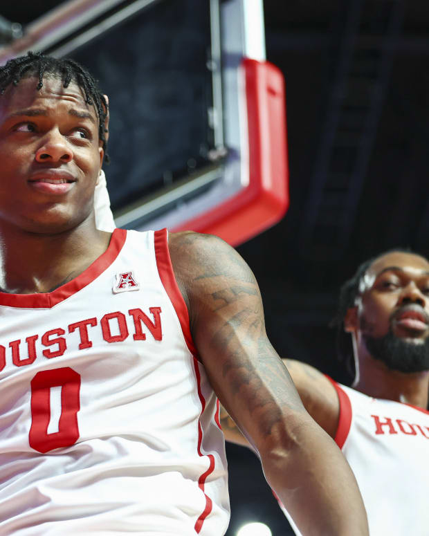 Mar 2, 2023; Houston, Texas, USA; Houston Cougars guard Marcus Sasser (0) reacts after a play during the second half against the Wichita State Shockers at Fertitta Center.